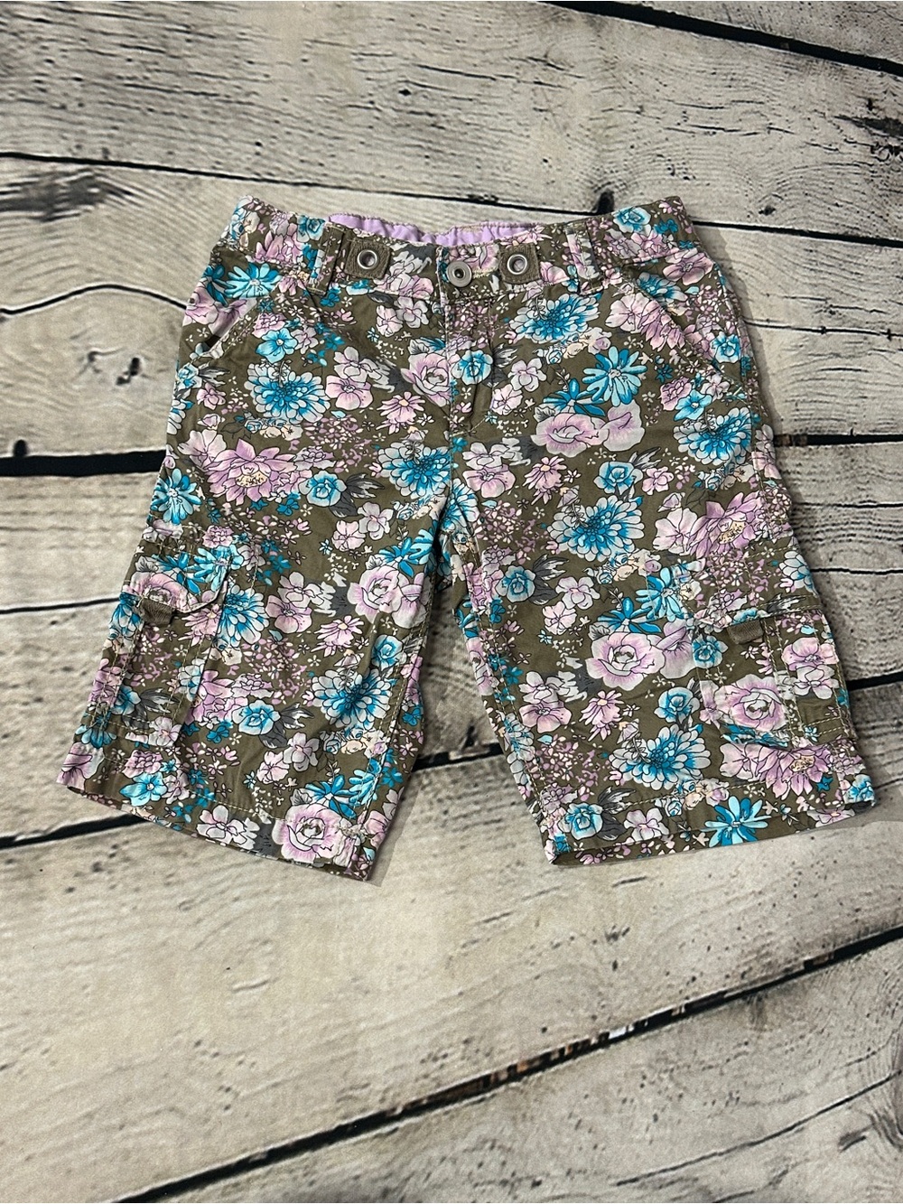 Faded Glory Olive Cargo Shorts with Pink & Teal Floral Print